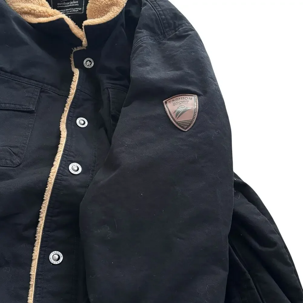 Sherpa Lined Black Canvas Snap Front XXL Coat Workwear Utility by Outdoor Jacket